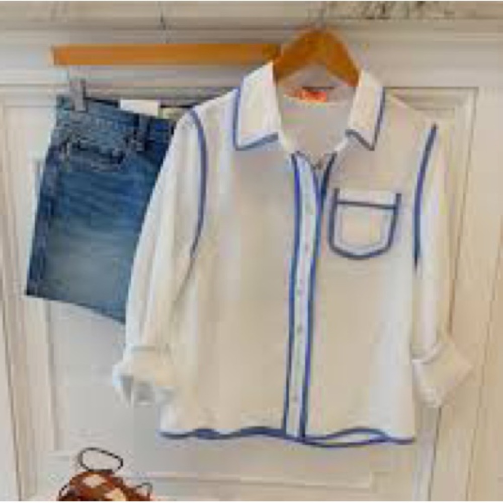 RARE! LIKE NEW Tory Burch Contrast-Piping Button-Down Blouse, Cream & Blue, 6